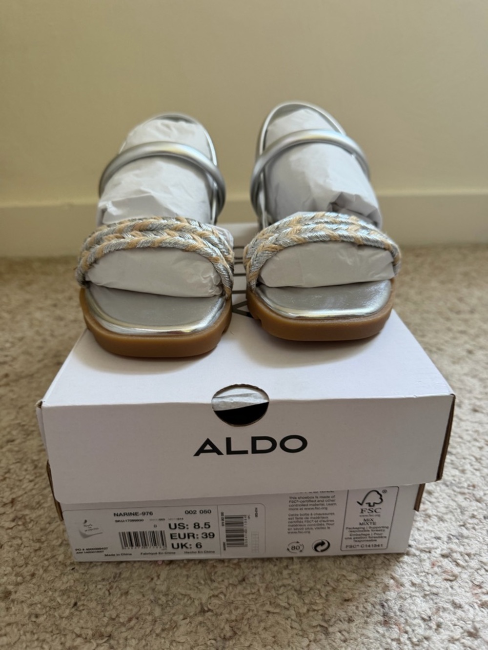 ALDO Silver Braided Strap Sandals Women Size 8.5 Metallic Flat Summer Shoes